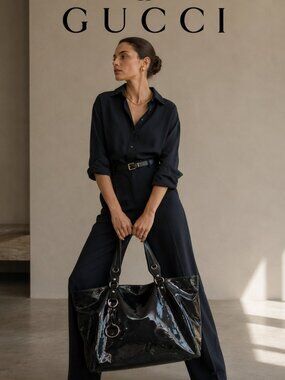 Gucci Icon Bit Tote Black Patent Leather Large Shoulder Bag Horsebit Rare